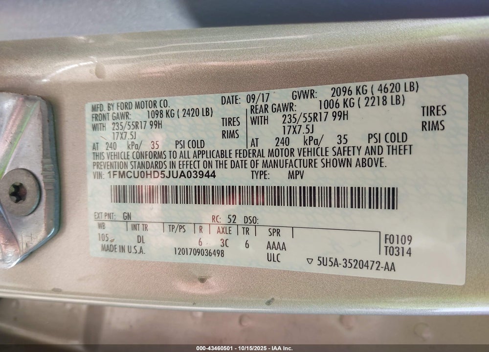 2018 FORD ESCAPE SEL VIN: 1FMCU0HD5JUA03944