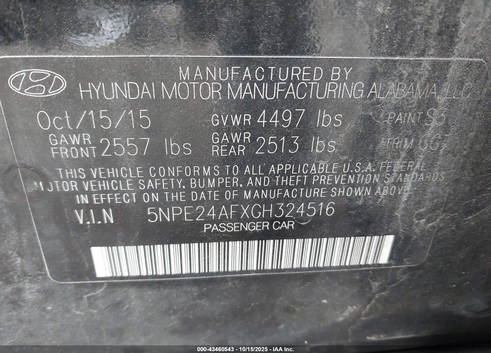 2016 HYUNDAI SONATA SE VIN: 5NPE24AFXGH324516