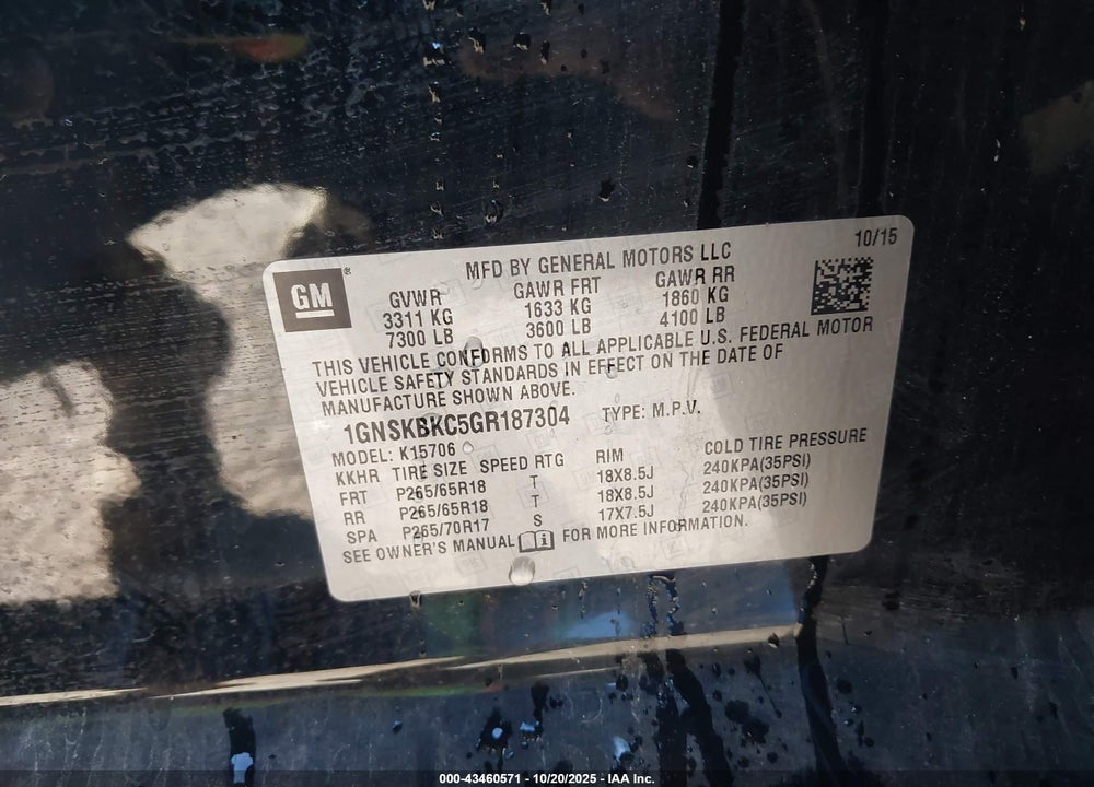 2016 CHEVROLET TAHOE VIN: 1GNSKBKC5GR187304