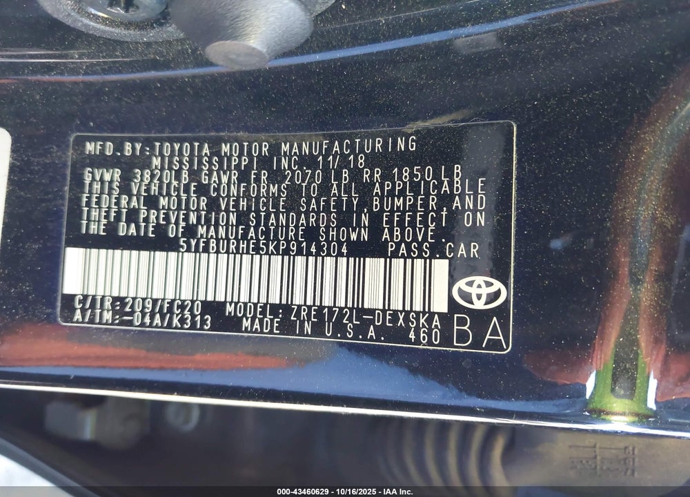 2019 TOYOTA COROLLA SE VIN: 5YFBURHE5KP914304