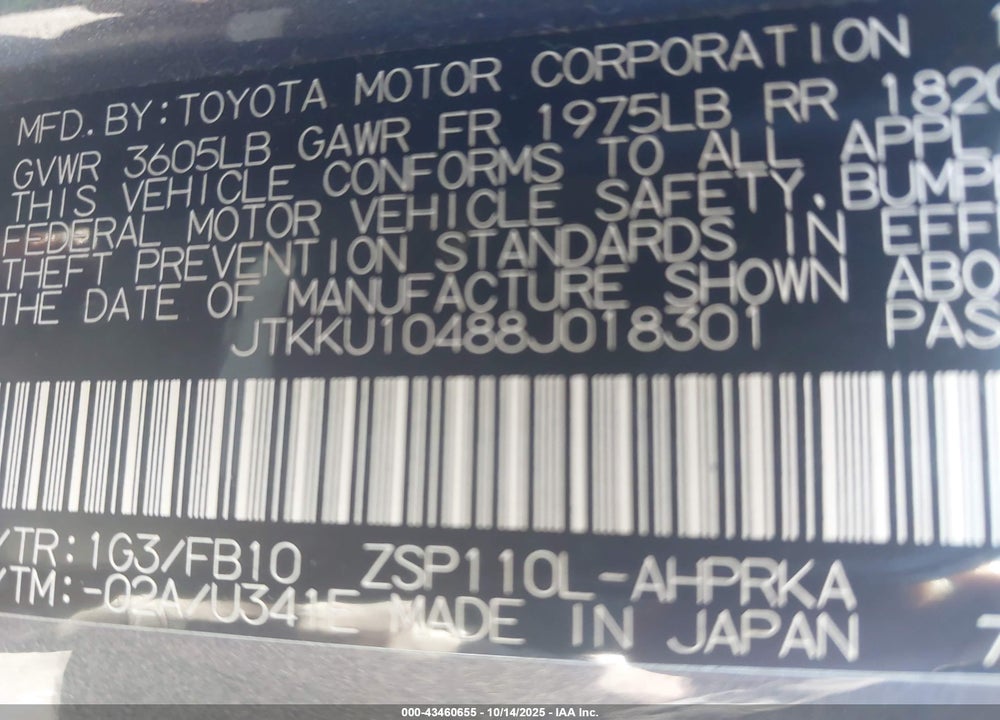 2008 SCION XD VIN: JTKKU10488J018301