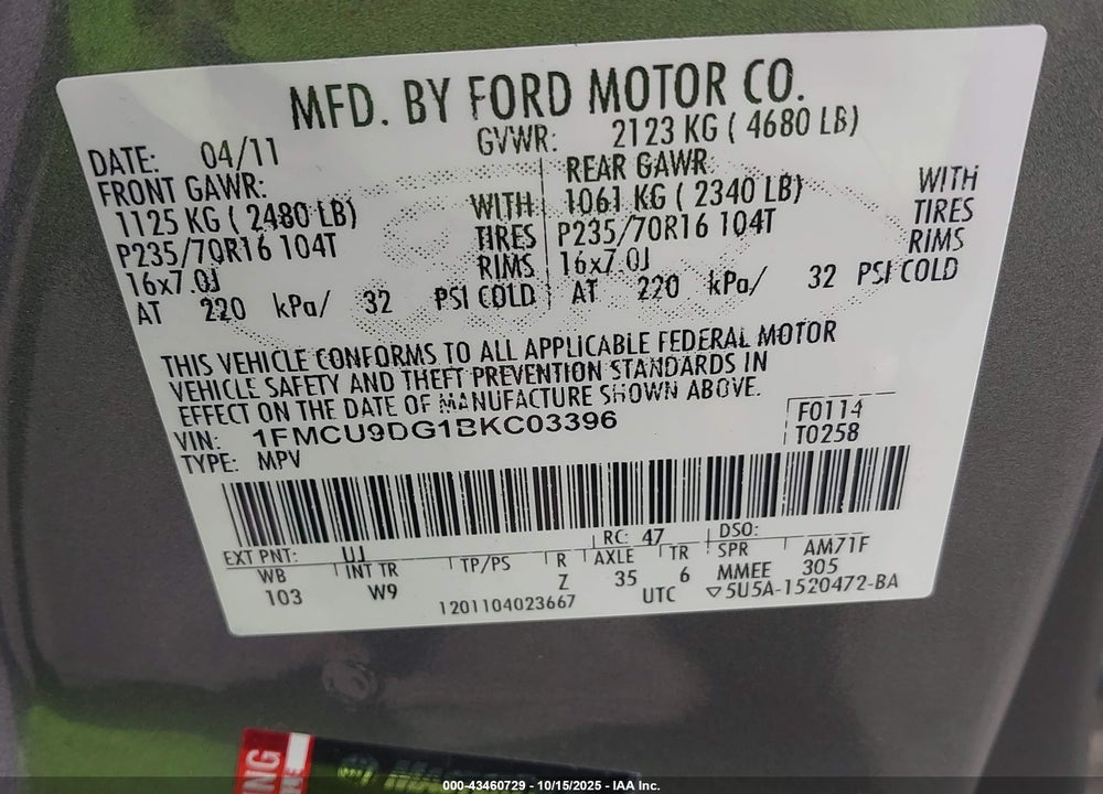 2011 FORD ESCAPE VIN: 1FMCU9DG1BKC03396
