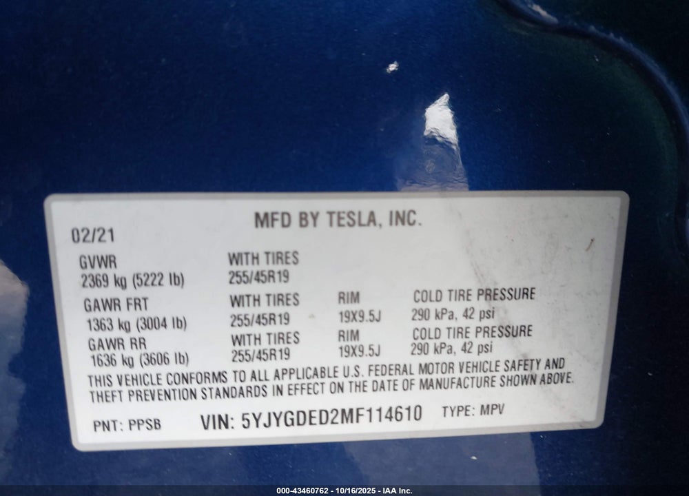 2021 TESLA MODEL Y STANDARD RANGE REAR-WHEEL DRIVE VIN: 5YJYGDED2MF114610