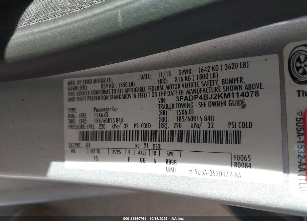 2019 FORD FIESTA SE VIN: 3FADP4BJ2KM114078