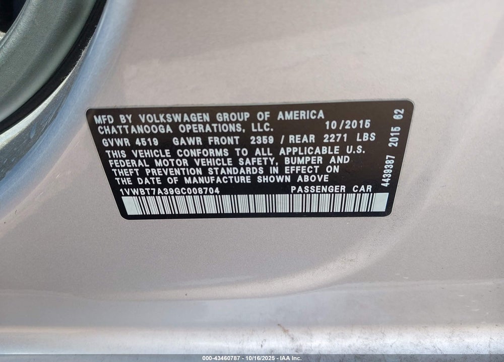 2016 VOLKSWAGEN PASSAT 1.8T SE VIN: 1VWBT7A39GC008704