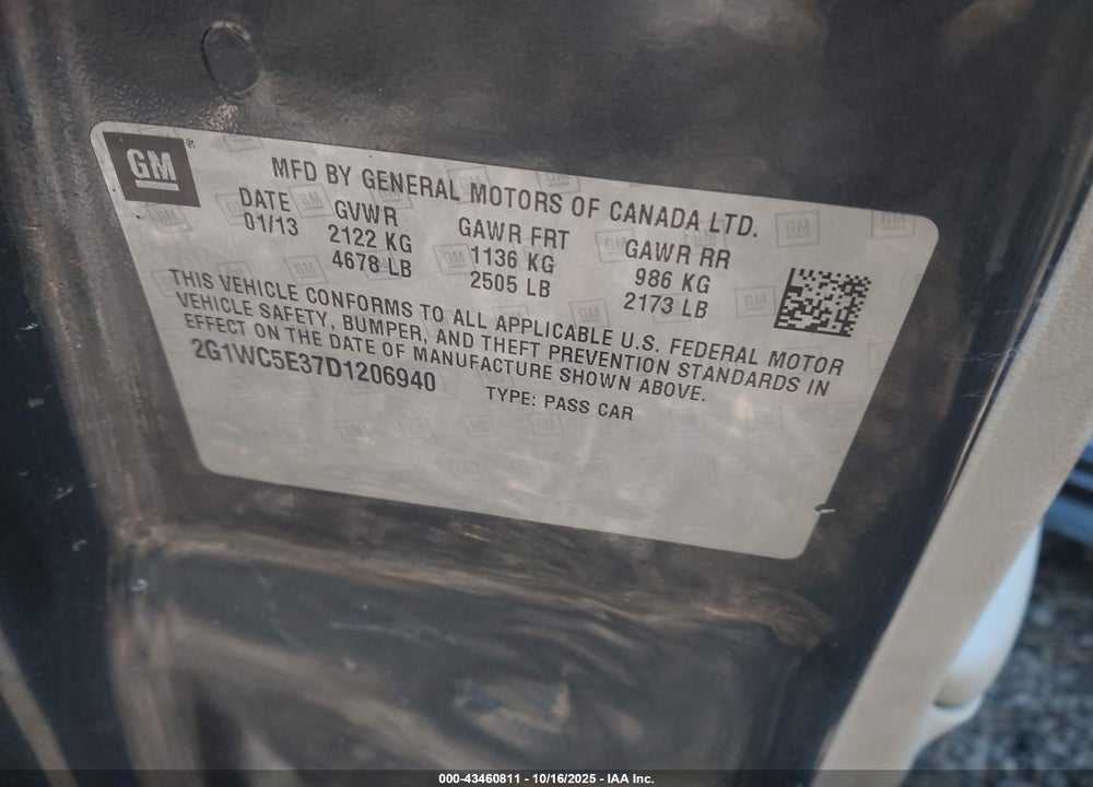 2013 CHEVROLET IMPALA VIN: 2G1WC5E37D1206940