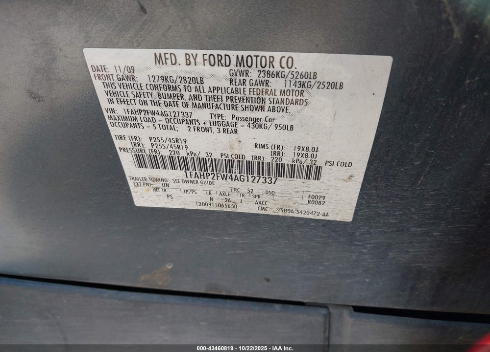 2010 FORD TAURUS VIN: 1FAHP2FW4AG127337