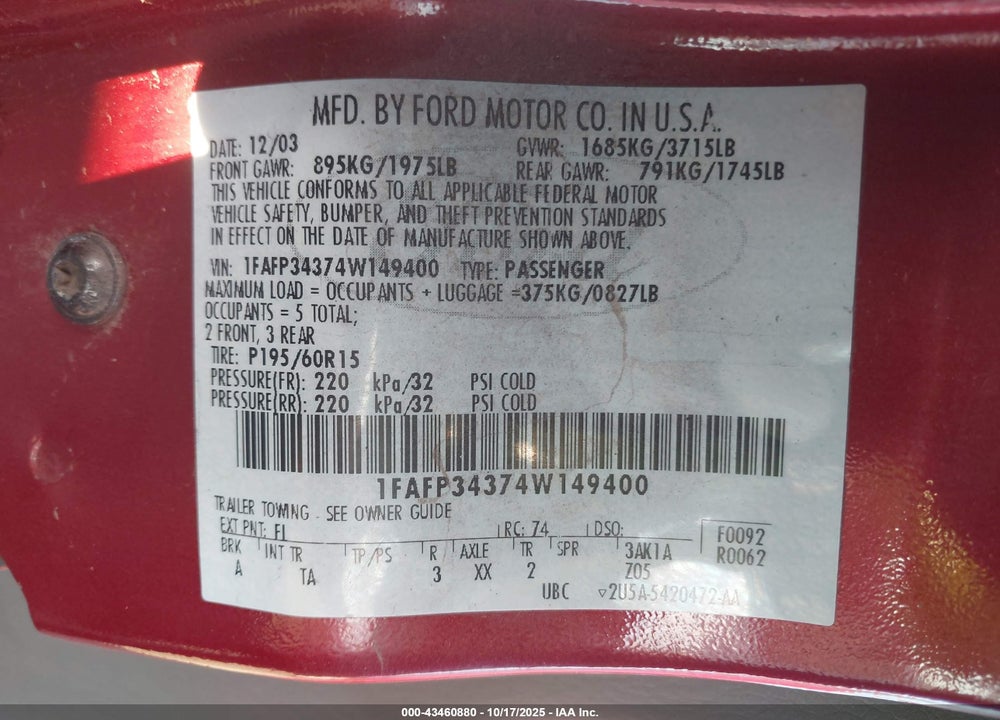 2004 FORD FOCUS SE VIN: 1FAFP34374W149400