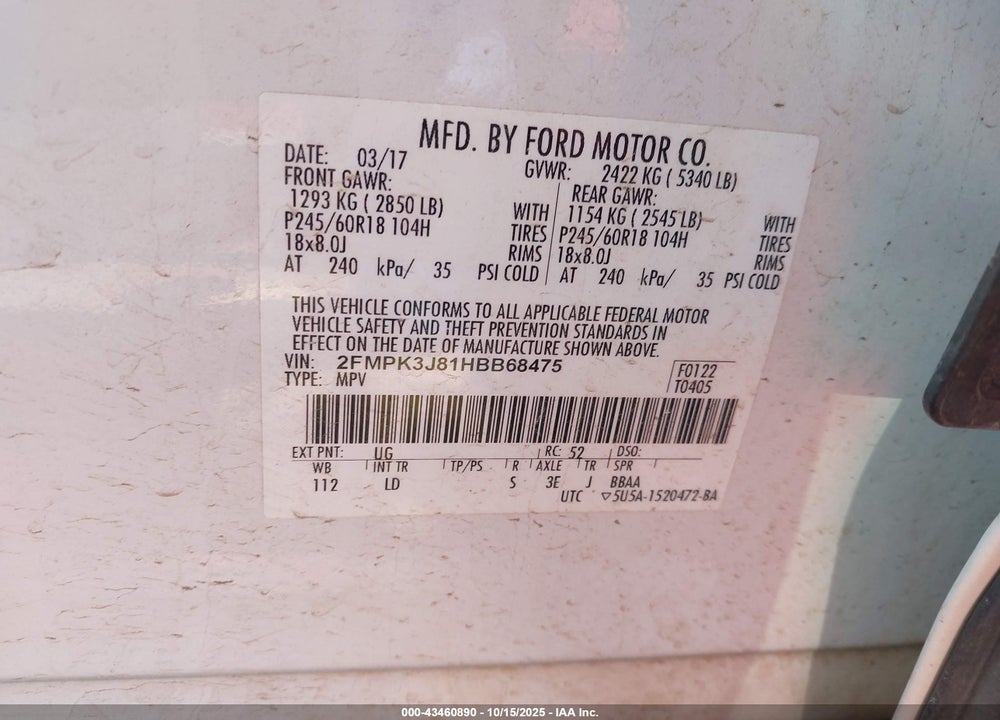 2017 FORD EDGE SEL VIN: 2FMPK3J81HBB68475
