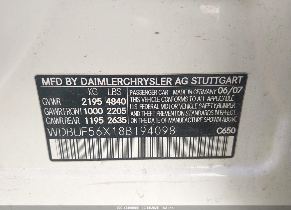 2008 MERCEDES-BENZ E-CLASS VIN: WDBUF56X18B194098