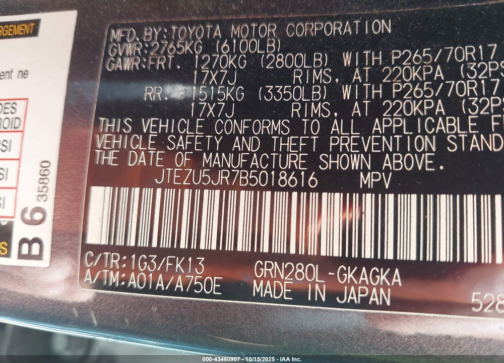 2011 TOYOTA 4RUNNER VIN: JTEZU5JR7B5018616