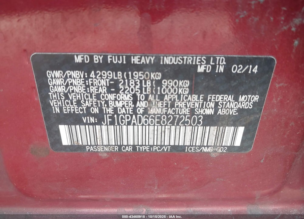 2014 SUBARU IMPREZA VIN: JF1GPAD66E8272503