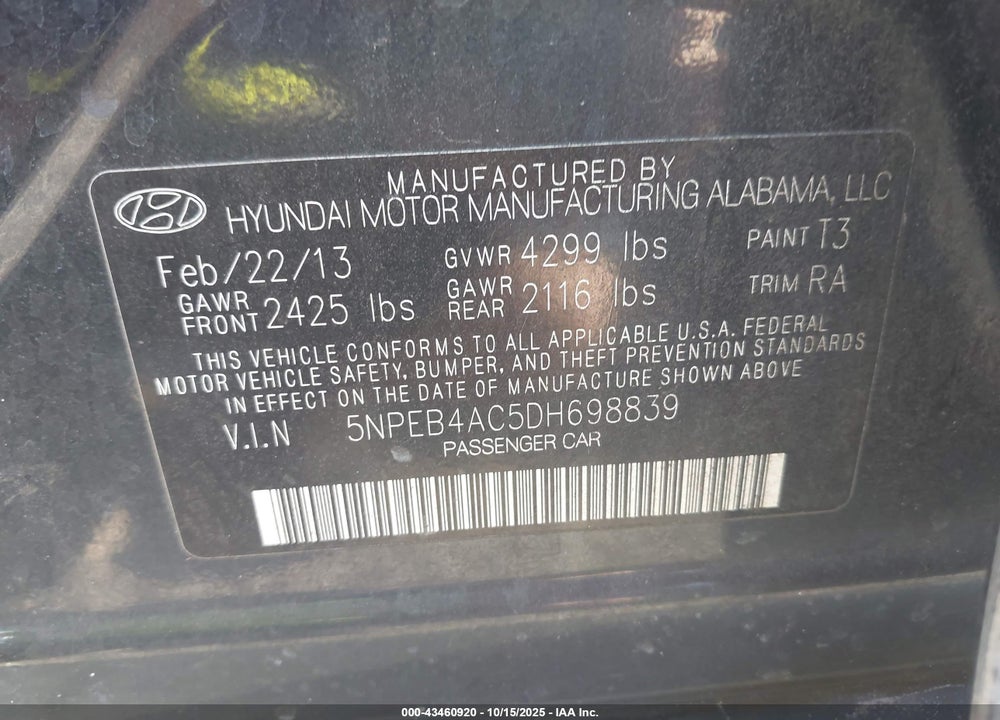 2013 HYUNDAI SONATA VIN: 5NPEB4AC5DH698839