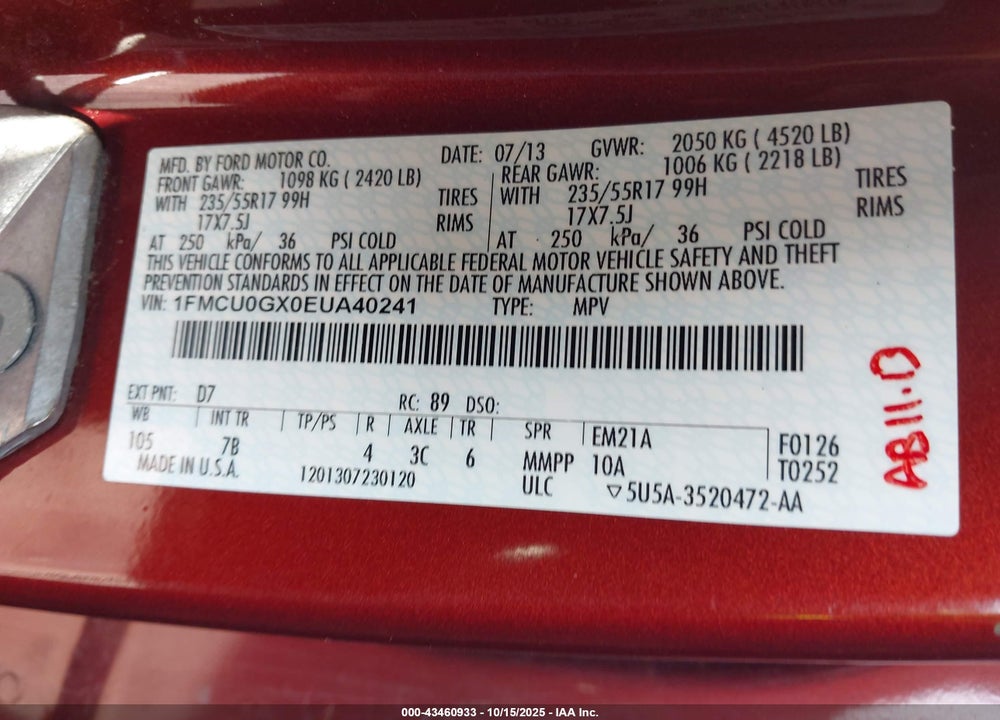 2014 FORD ESCAPE VIN: 1FMCU0GX0EUA40241