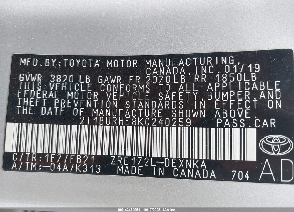 2019 TOYOTA COROLLA LE VIN: 2T1BURHE8KC240259