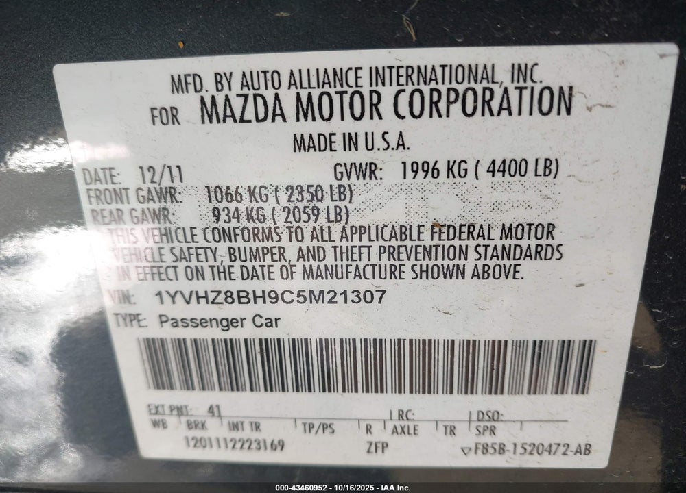 2012 MAZDA 6 VIN: 1YVHZ8BH9C5M21307