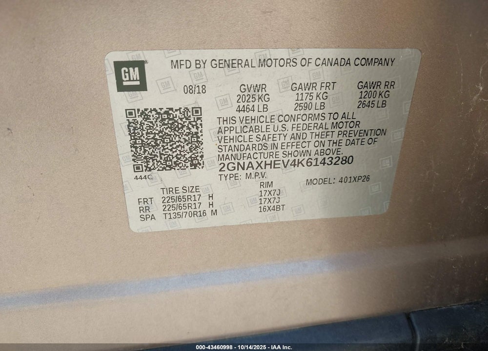 2019 CHEVROLET EQUINOX LS VIN: 2GNAXHEV4K6143280