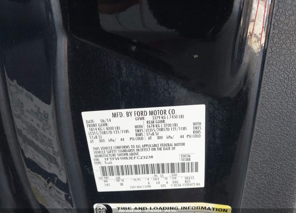 2014 FORD F-150 SVT RAPTOR VIN: 1FTFW1R63EFC23238