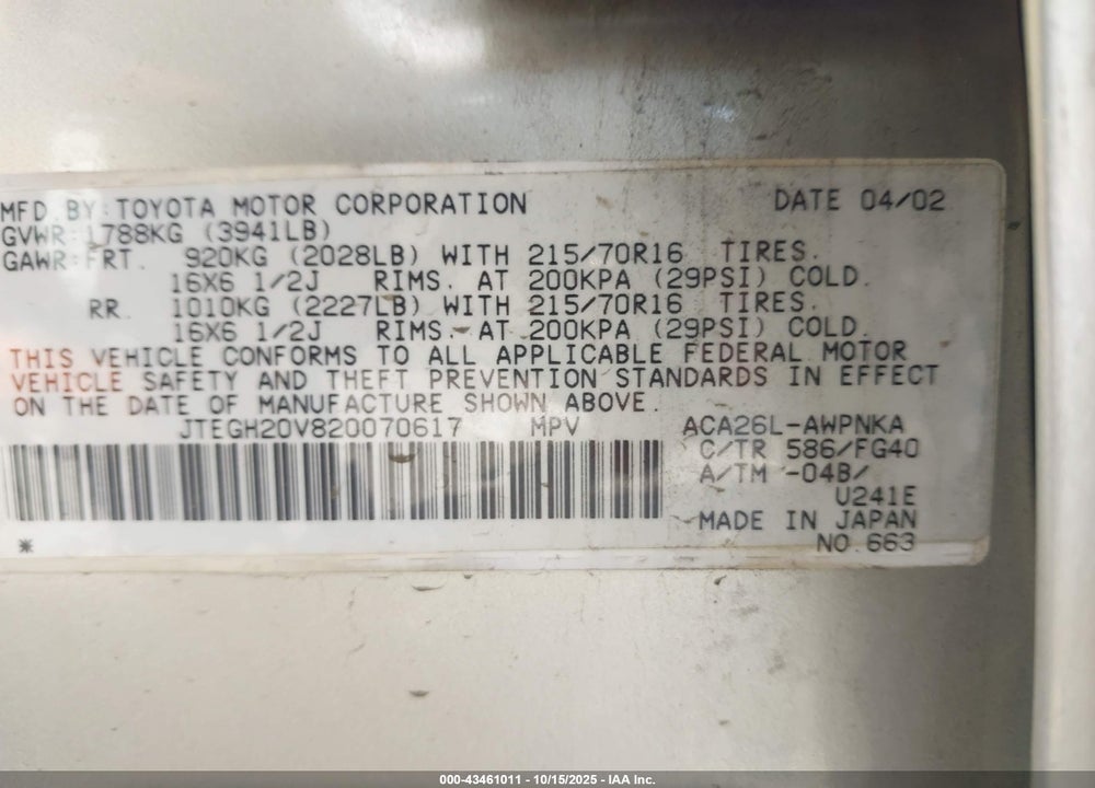 2002 TOYOTA RAV4 VIN: JTEGH20V820070617