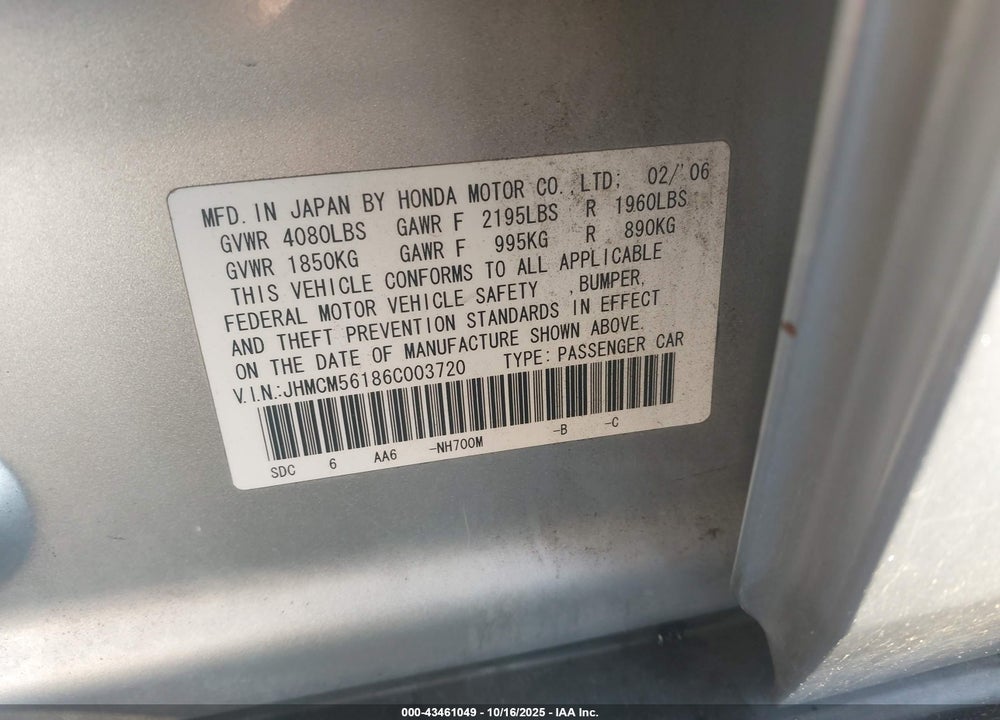 2006 HONDA ACCORD 2.4 VP VIN: JHMCM56186C003720
