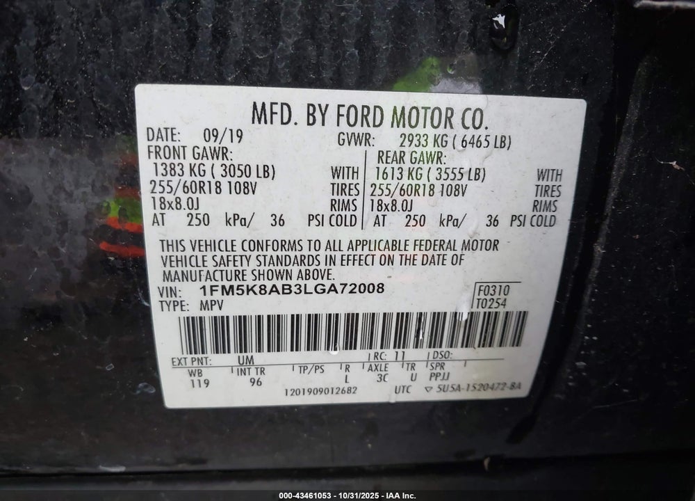 2020 FORD POLICE INTERCEPTOR UTILITY VIN: 1FM5K8AB3LGA72008