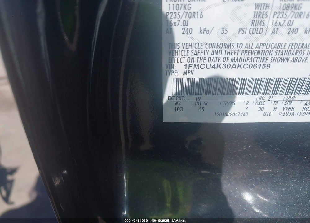 2010 FORD ESCAPE HYBRID LIMITED VIN: 1FMCU4K30AKC06159