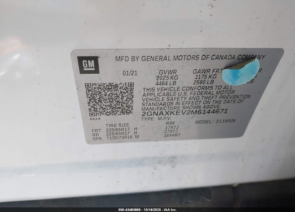 2021 CHEVROLET EQUINOX FWD LT VIN: 2GNAXKEV2M6144671