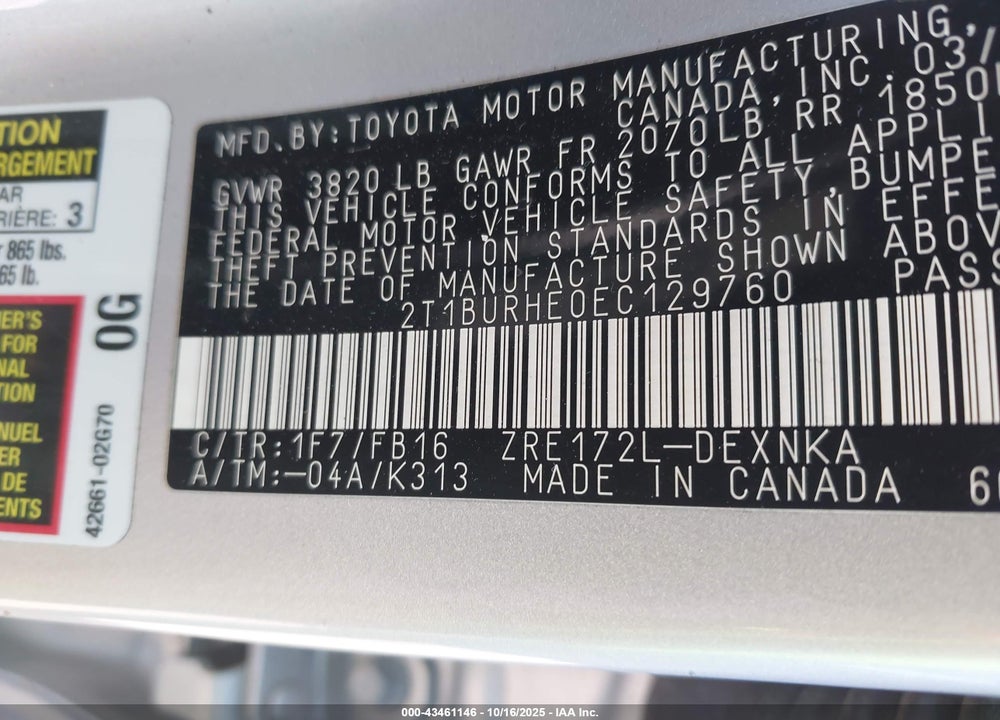 2014 TOYOTA COROLLA VIN: 2T1BURHE0EC129760