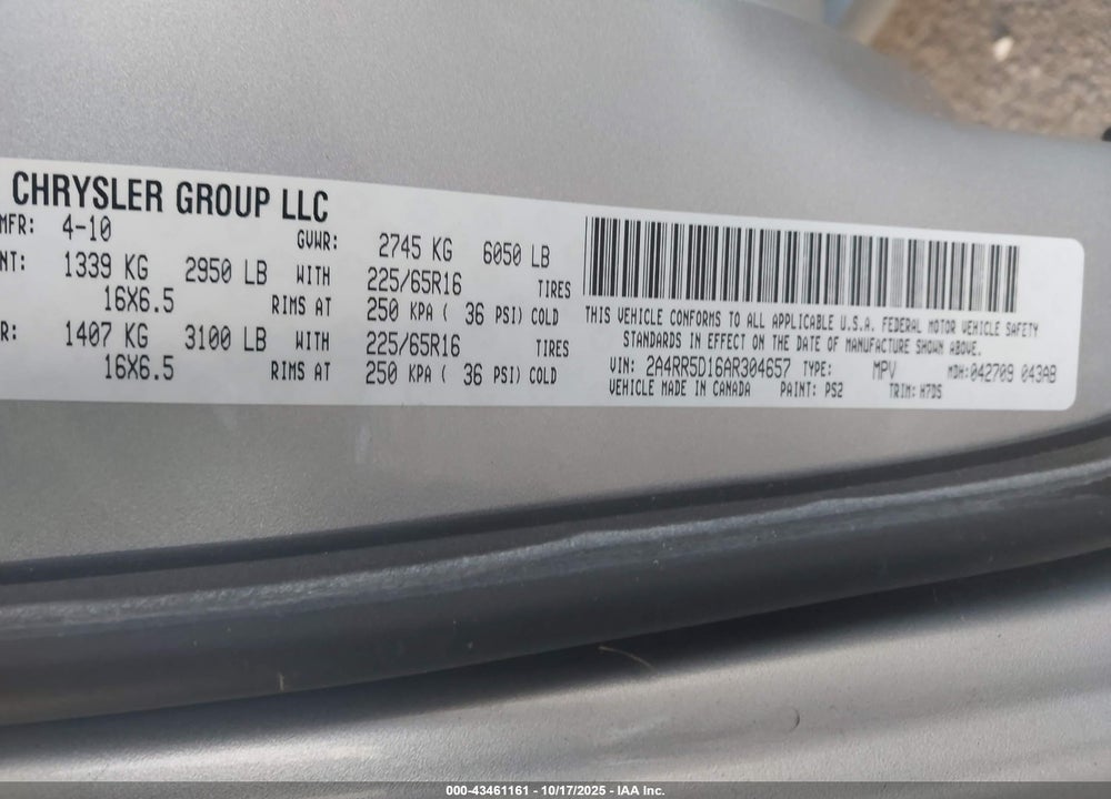 2010 CHRYSLER TOWN & COUNTRY TOURING VIN: 2A4RR5D16AR304657