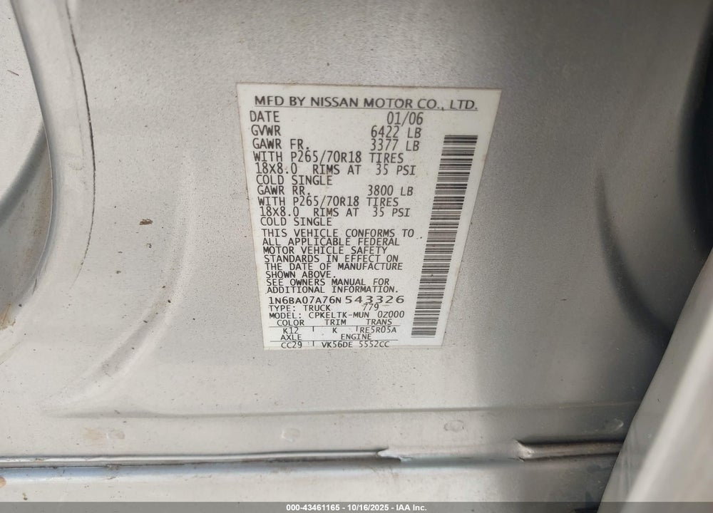 2006 NISSAN TITAN SE VIN: 1N6BA07A76N543326