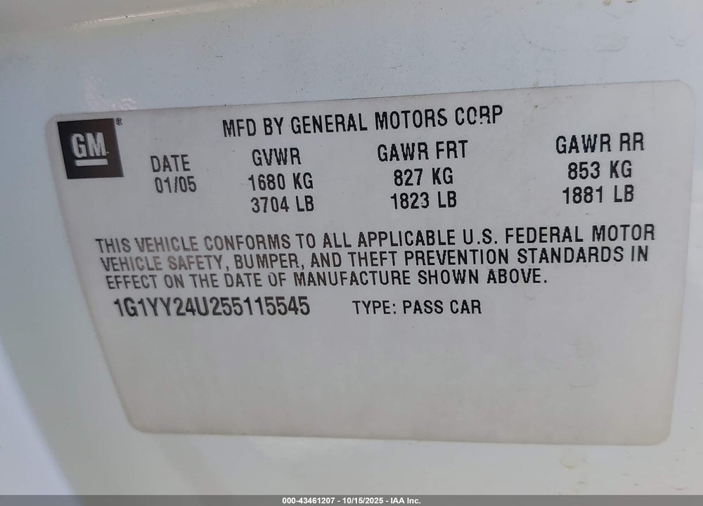 2005 CHEVROLET CORVETTE VIN: 1G1YY24U255115545