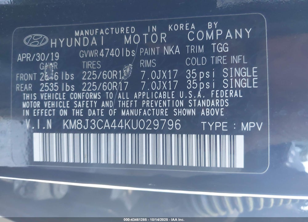 2019 HYUNDAI TUCSON VALUE VIN: KM8J3CA44KU029796