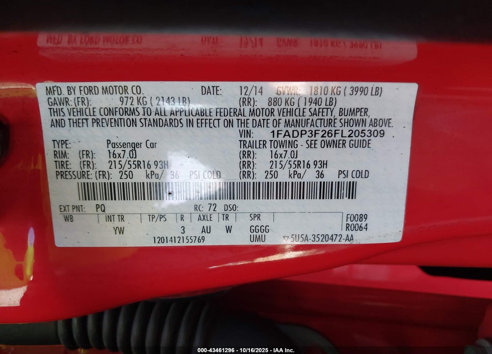 2015 FORD FOCUS SE VIN: 1FADP3F26FL205309
