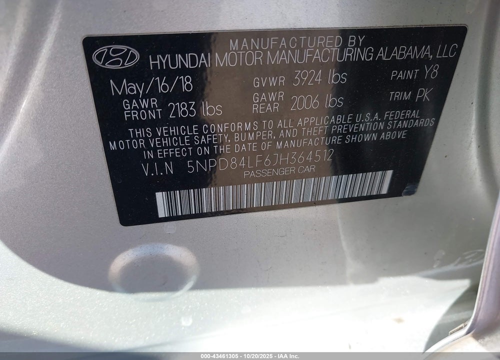 2018 HYUNDAI ELANTRA VIN: 5NPD84LF6JH364512