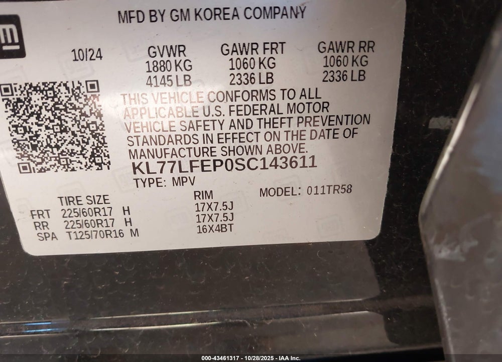 2025 CHEVROLET TRAX FWD LS VIN: KL77LFEP0SC143611