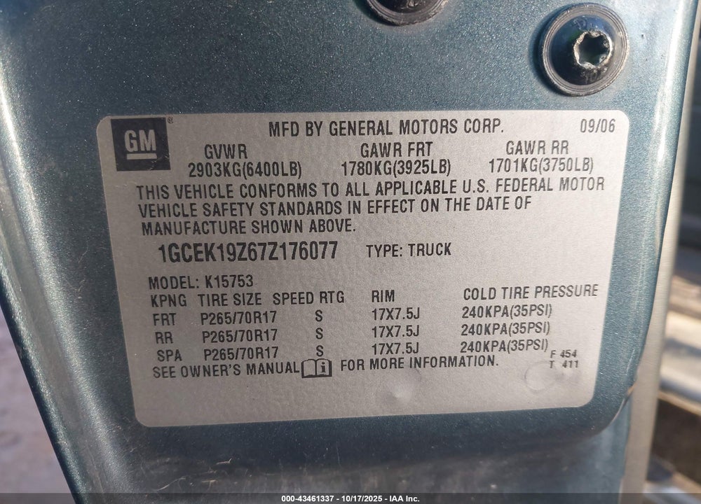 2007 CHEVROLET SILVERADO 1500 VIN: 1GCEK19Z67Z176077