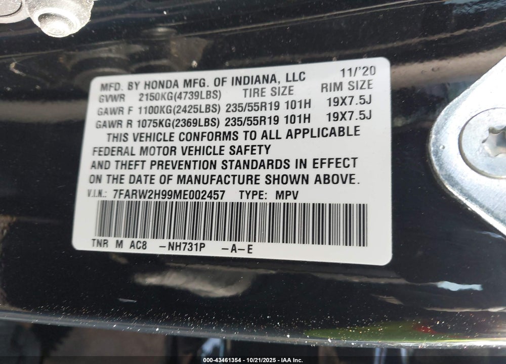 2021 HONDA CR-V AWD TOURING VIN: 7FARW2H99ME002457