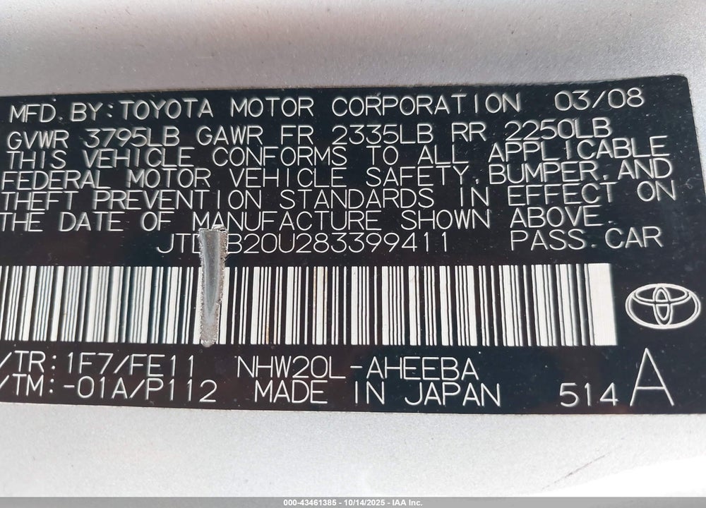 2008 TOYOTA PRIUS VIN: JTDKB20U283399411