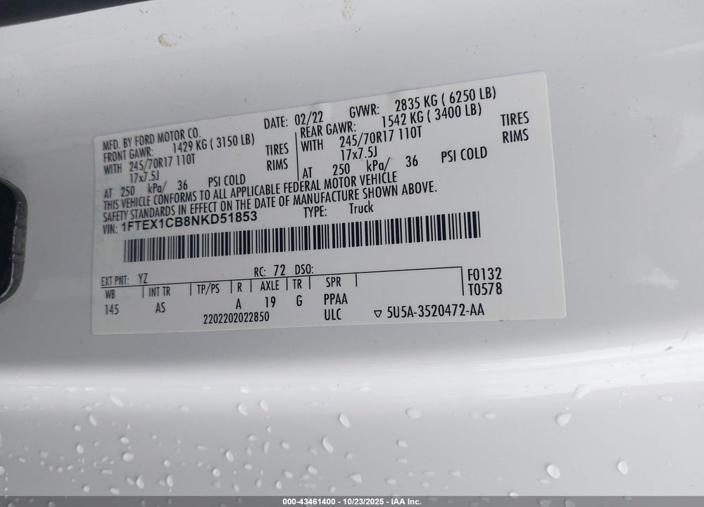 2022 FORD F-150 VIN: 1FTEX1CB8NKD51853