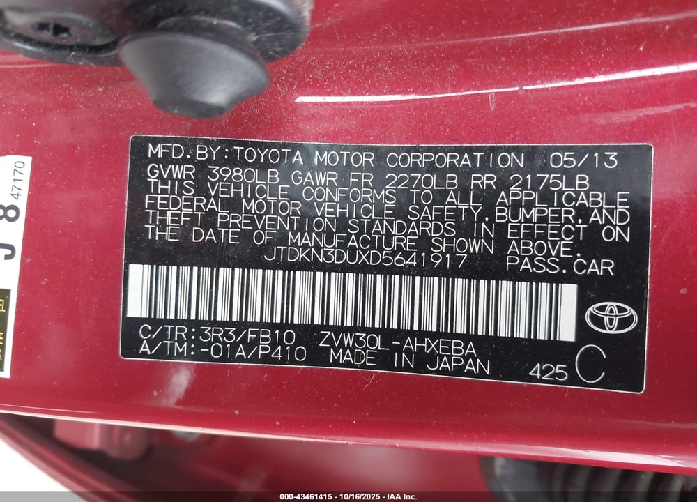 2013 TOYOTA PRIUS TWO VIN: JTDKN3DUXD5641917