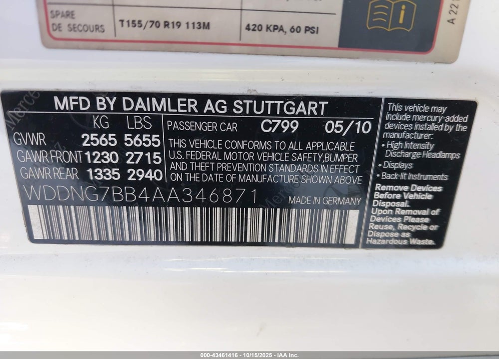 2010 MERCEDES-BENZ S 550 VIN: WDDNG7BB4AA346871
