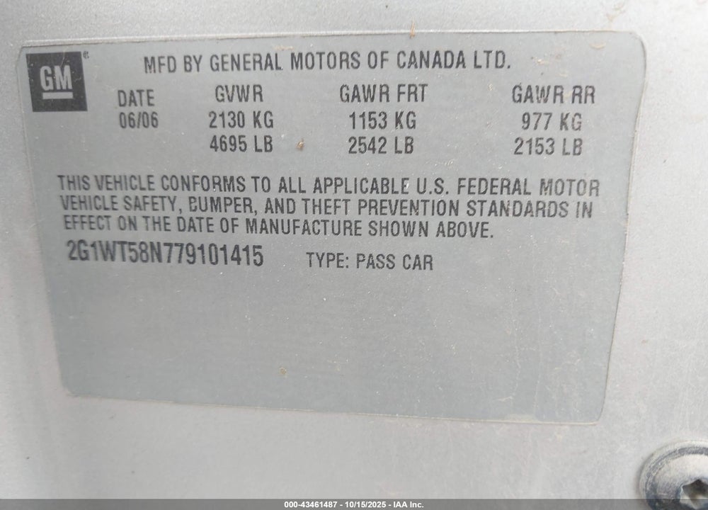 2007 CHEVROLET IMPALA VIN: 2G1WT58N779101415