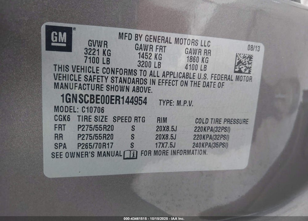 2014 CHEVROLET TAHOE LT VIN: 1GNSCBE00ER144954