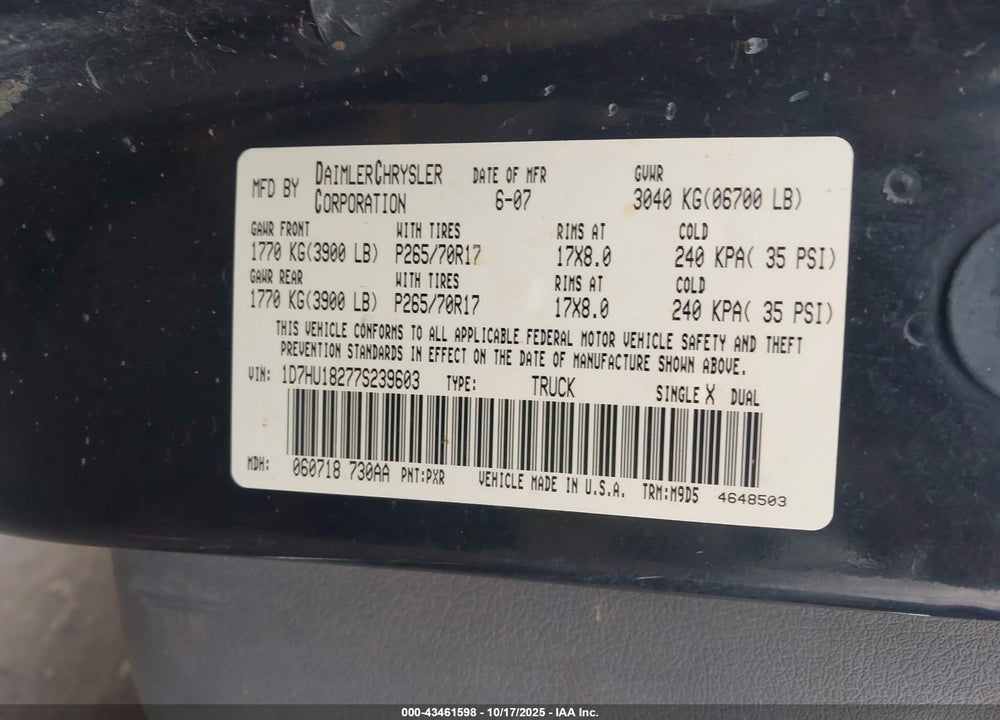 2007 DODGE RAM 1500 SLT/TRX4 OFF ROAD/SPORT VIN: 1D7HU18277S239603