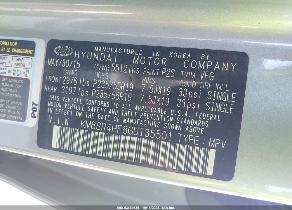 2016 HYUNDAI SANTA FE VIN: KM8SR4HF8GU135501