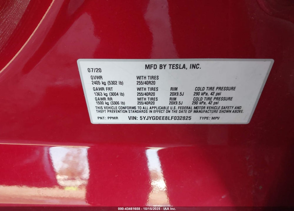2020 TESLA MODEL Y LONG RANGE DUAL MOTOR ALL-WHEEL DRIVE VIN: 5YJYGDEE8LF032825