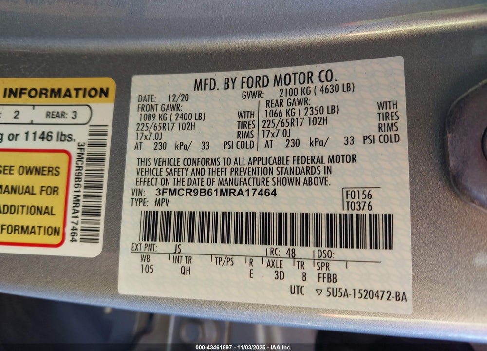 2021 FORD BRONCO SPORT BIG BEND VIN: 3FMCR9B61MRA17464