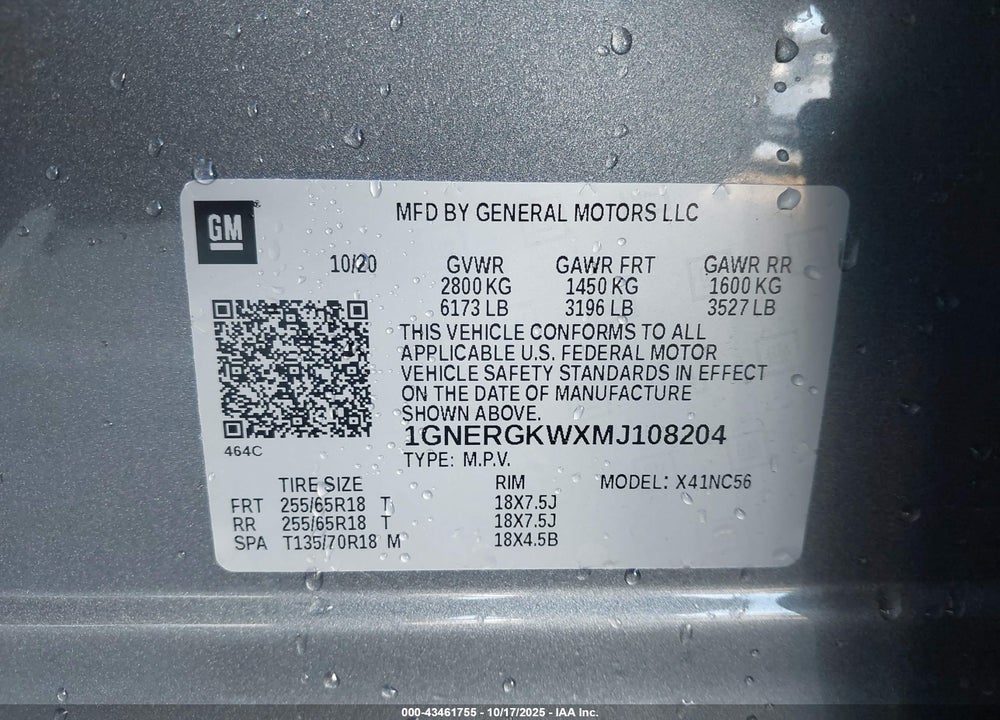 2021 CHEVROLET TRAVERSE FWD LT CLOTH VIN: 1GNERGKWXMJ108204
