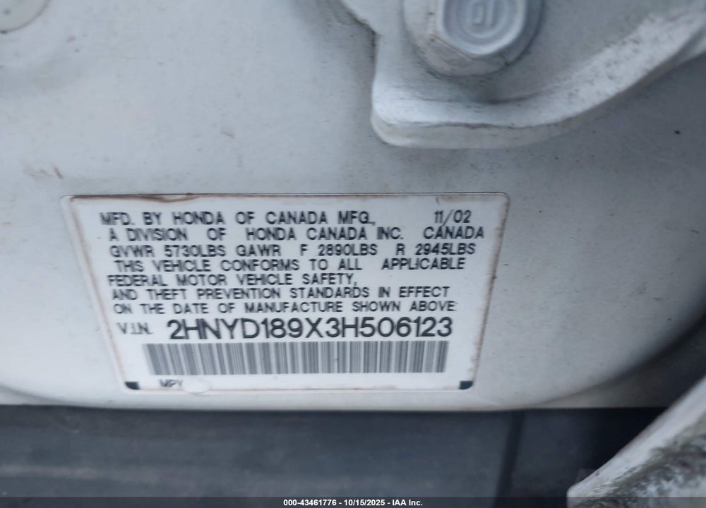 2003 ACURA MDX VIN: 2HNYD189X3H506123