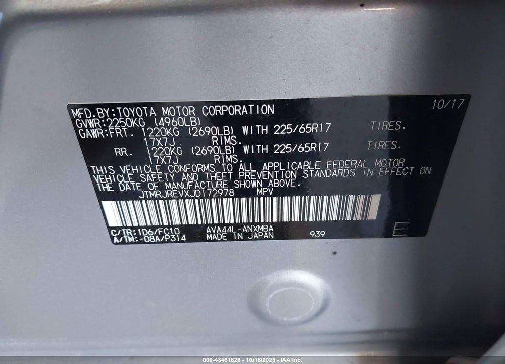 2018 TOYOTA RAV4 HYBRID XLE VIN: JTMRJREVXJD172978